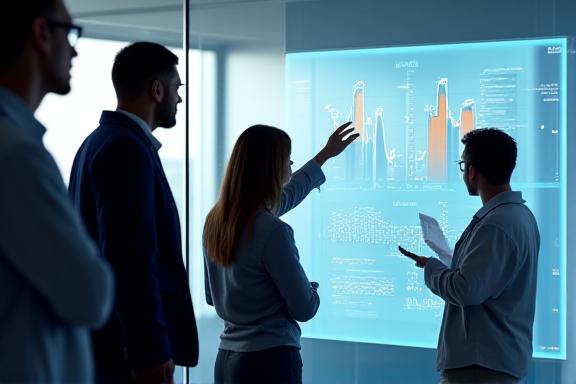 Data scientist analyzing predictive trends on a large digital screen