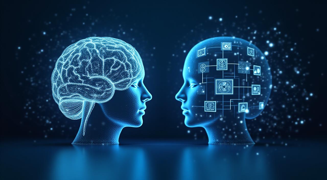 Data architect analyzing complex AI model structures vs ready-made software icons
